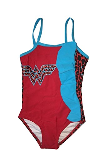 LC Boutique Toddler Girls One Piece Wonder Woman Swimsuit with Animal Print Ruffles in Sizes 2T to 4T