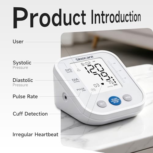 Image of Sinocare Upper Arm Blood Pressure Monitor, Automatic Digital BP Machine with 3-Color Backlit Display, 2 Users x 99 Memories, Large Cuff 8.6-16.5 inches, Irregular Heartbeat Detection