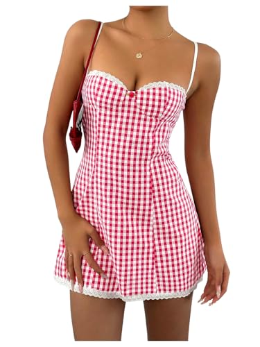 MakeMeChic Women's Plaid Gingham Lace Cami Dress Sleeveless Going Out Mini Dresses Sundress