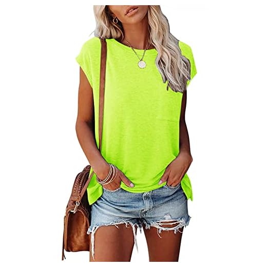 Smile Fish Womens Neon Green Summer Shirts Cap Sleeve Basic T Shirt Pocket Tunic Tops,S