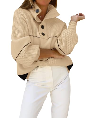 Image of chouyatou Women's Slouchy Waffle Knit Sweater 1 /2 Button Polo Collared Pullover Striped Sweater Tops