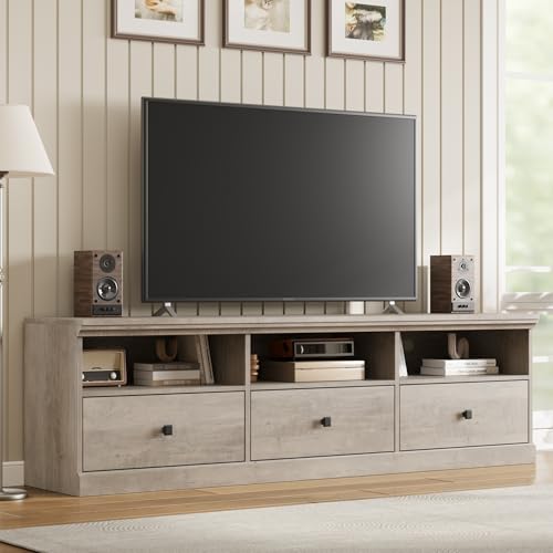 GarveeHome TV Stand for 75 in TV, Mid-Century Modern Entertainment Center with Storage Drawer, 70 in TV Console with Open Shelves, Wood Media Console