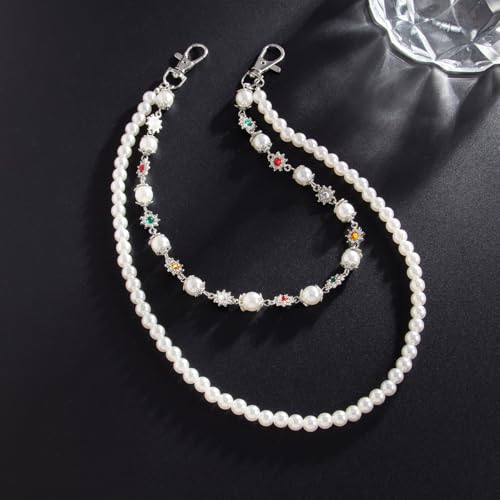 Image of Layered Pants Wallet Chain for Men Women Rhinestone Flower Pearl Wallet Chain for Women Fashion Street Pocket Jeans Chains Keychain Punk Jewelry