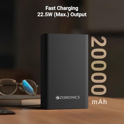 Image of ZEBRONICS 20000 mAh Compact Power Bank, 22.5W Super Fast Charging, PD3.0 (PPS), Dual Type-C & USB-A, LED Indicator, Metal Body, for All Mobiles, Tablet & Other Devices EnergiTank 20MR1 (Midnight)