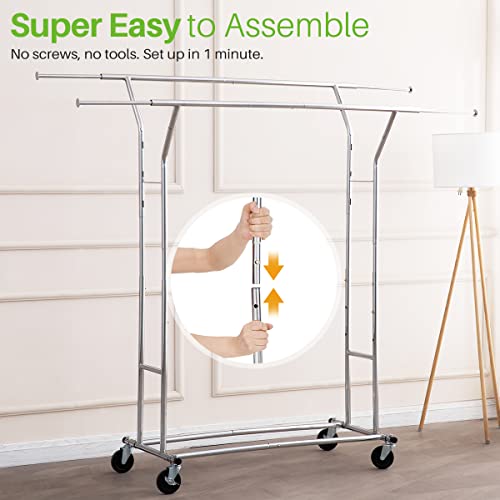 Hokeeper 400 Lbs Load Capacity Commercial Grade Clothing Garment Racks Heavy Duty Double Rails Adjustable Collapsible Rolling Clothes Rack On Wheels, Chrome Finish #TOP6