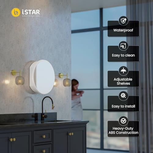 Image of iSTAR Round Mirror Cabinet with Storage Shelf | Bathroom Wall Mounted Mirror with Hidden Cabinet Organizer | Modern Wall Mounted Mirror for Bathroom - White