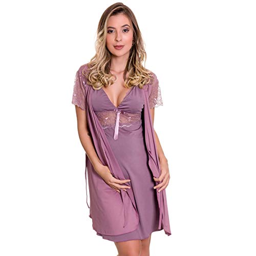Camisola Amamentação Com Robe em Microfibra e Renda - ES206-207