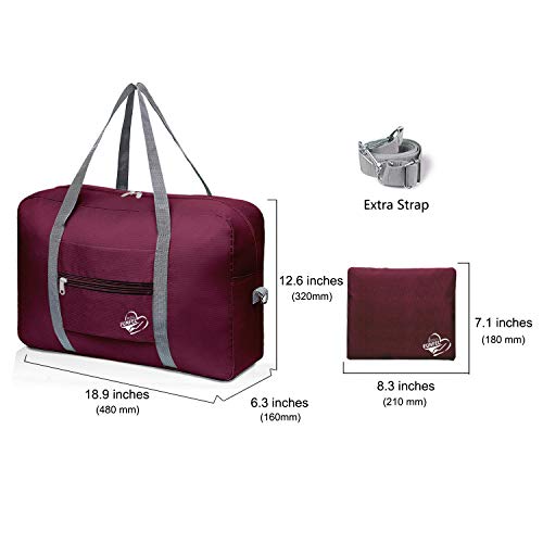 FUNFEL Foldable Travel Duffel Bag Tote Carry on Luggage Sports Water Resistant Nylon (Ⅲ-Wine Red)