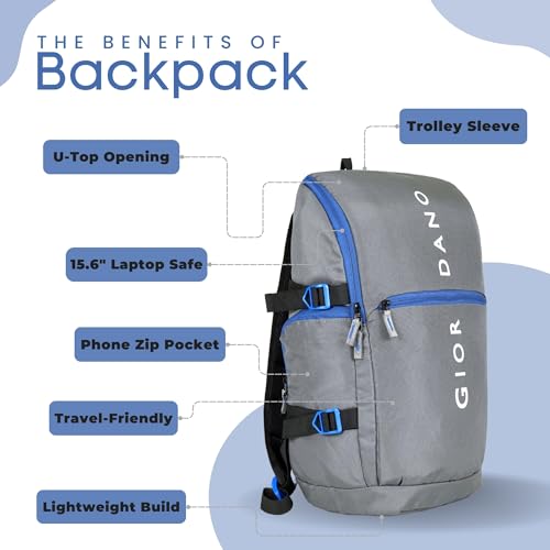 Image of Giordano Unisex 20L Large Durable Polyester 15.6-inch Laptop Backpack | Padded Bag with Multiple Pockets & Trolley Sleeve | Perfect for Travel, Work & College