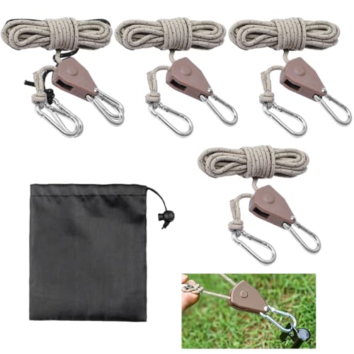 YMWALK 4 Pack 4mm Paracord Reflective Tent Guy Ropes, 4M Adjustable Ratchet Camping Rope with Pulley, Heavy Duty Guide Rope for Hiking, Outdoor Tents,