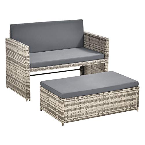 [en.casa] Set de Muebles de Jardín Segovia 40 x 100 x 55 cm para 2 Personas Sofá con Mesa Auxiliar para Exteriores Polyrattan Mueble para Terraza Beige Marrón y Gris Medio