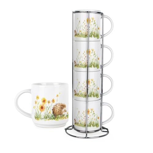 Purely Home Hedgehogs Stacking Mugs Collection - Countryside Wildlife Woodland Creatures - Ceramic Tea/Coffee Cups - Drinkware Mug Gift Set with Metal Holder Set of 4