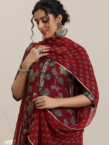 Image of Libas Womens Printed Silk Blend Straight Kurta With Trousers and Dupatta | daily wear suit