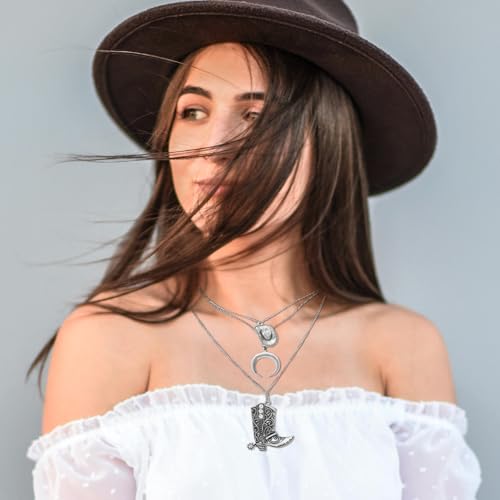 RechicGu Layered Boho Western Cowgirl Necklace For Women Bull Head Moon Crescent Cowboy Boot Charm Pendant Western Necklace Jewelry For Country Concert Outfits2