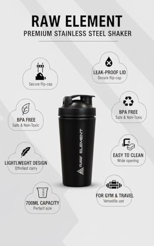 Image of Stainless Steel Gym Shaker 750ml - Leakproof Shaker Bottle for Protein Powder, Smoothies, Supplements - Odor-Free, Durable & Portable for Gym, Travel, and Workouts (Black)