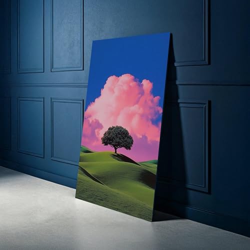 Toile paysage de coucher de soleil rose pour décorer le salon avec un champ vert