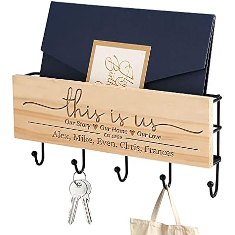 Personalised Wall Mounted Key Holder for The Home, Custom Wooden Key Rack for Wall with Iron Storage Basket, Engraved Your Family Last Name Key Hanger Gift for Wedding Housewarming Cover
