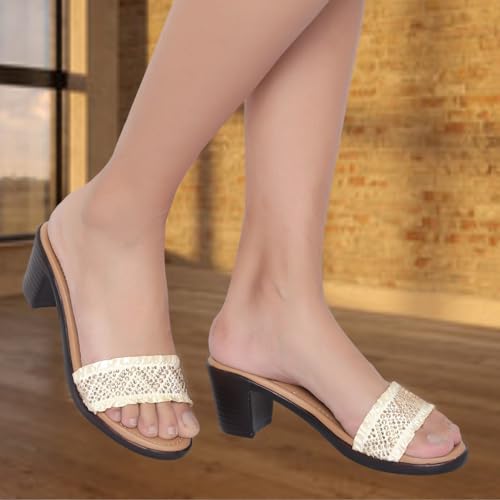 Image of Action Women's Knitted Mule Sandals| Block Heel 10cm| Peep-Toe Design Beige