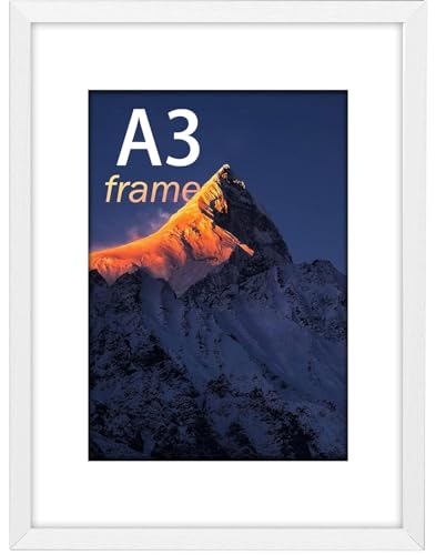 Wyewye A3 Bilderrahmen Weiß, 29,7x42 cm Mit Plexi-Glas, für A3/A4 Druck, Mit Weißem Passepartout, Wandmontage Möglich, Din A3 Holzrahmen