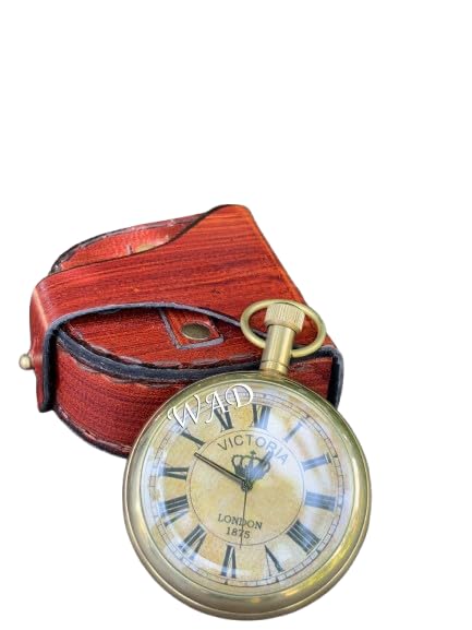 Elegant Brass Pocket Watch with Roman Numerals – Leather Case & Nautical Chain-image-28