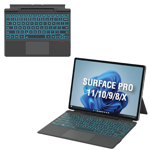 Surface Pro 11/10/9/8/X Keyboard with Trackpad Wireless Bluetooth Type Cover 7 Color Backlit Keys Ultra Slim Magnetic Design USB-C Rechargeable with Pen Holder