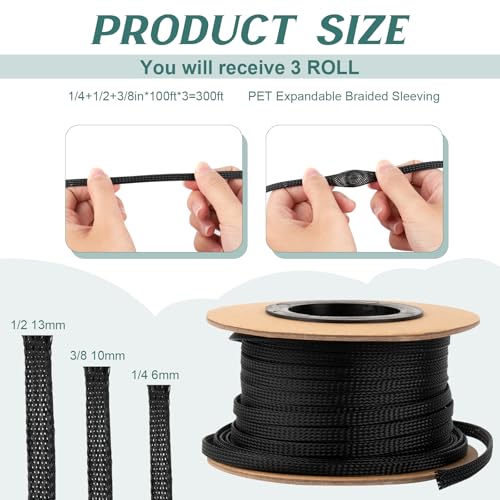 300 Feet 1/4, 1/2, 3/8 Inches Braided Wire Loom PET Cable Loom Expandable Braided Sleeving Wire Sleeve for TV, Computer, Home Theater, Black by Veerlogix - Image 2