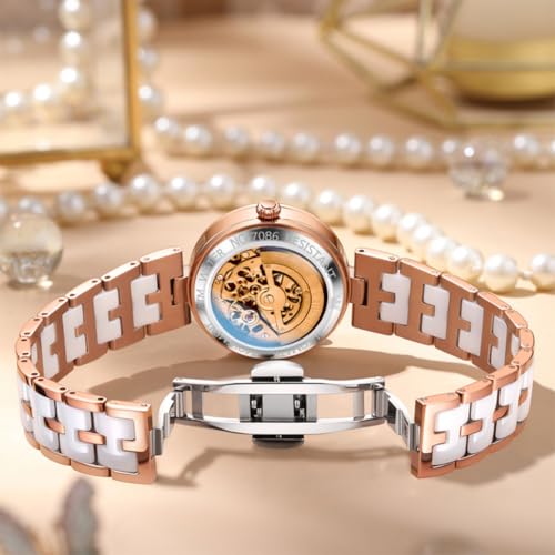 Image of OLEVS Womens Watches Automatic Luxury Dress Ladies Watch Ceramic Strap Rose Gold Self Winding Female Wrist Watch