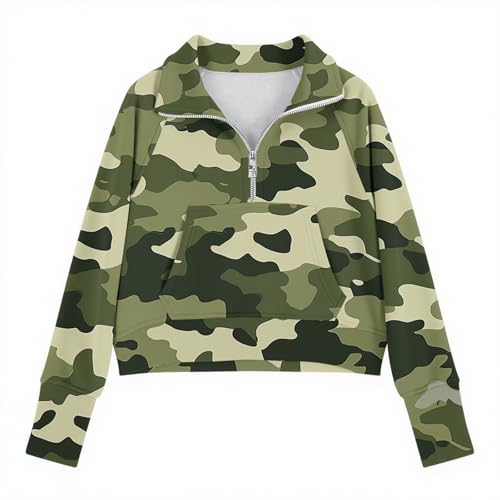 Girls Camouflage Stand Collar Sweatshirt Half Zip Loose Graphic Tee Tops Long Sleeve Pullover Casual T-Shirts for 5-14 Years4