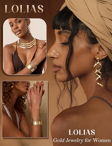 LOLIAS 3 Stück Gold Lätzchen Choker Halskette Set für Frauen Breite Manschette Armreif Armbänder Statement Baumeln Ohrringe Oberarmbandmanschette Handgelenkmanschette Festival Schmuck