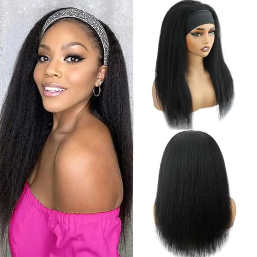 Image of Kinky Straight Headband Wig Human Hair 200 Density Glueless Wigs 16 Inch Yaki Straight Wig for Black Women Wear And Go Beginner Friendly Black Brazilian Curly Virgin Hair