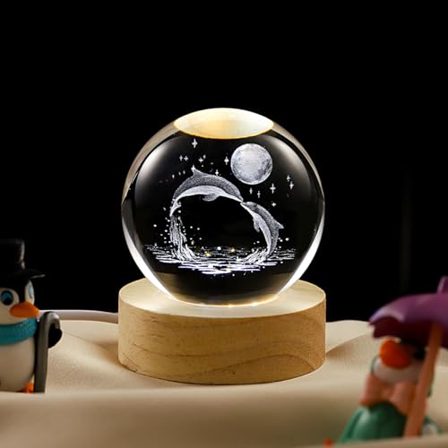 Image of 3D Dolphin Crystal Ball Lamp with Dimmable LED and Wooden Base, Night Light for Kids Teens Adults, Home Desk Office Bedroom Decor, Birthday Gift (2.4 inch / 6cm)