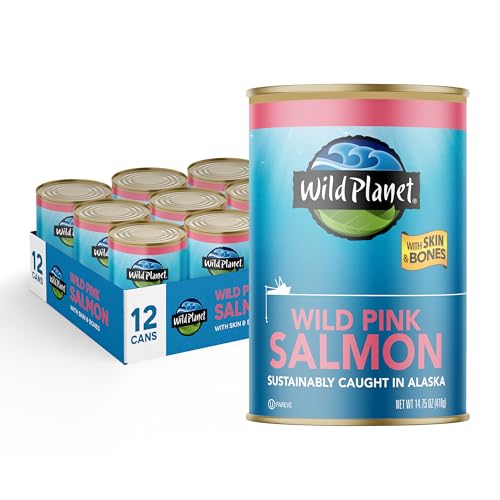 Wild Planet Wild Pink Salmon With Skin and Bones, Tinned Fish, Canned Salmon, Sustainably Wild-Caught, Non-GMO, Kosher, Gluten Free, Keto and Paleo, 14.75 Ounce (Pack of 12)