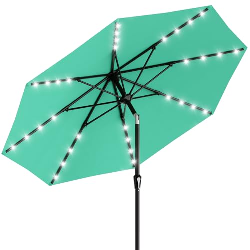 Image of AreShark 9FT Patio Umbrella with Solar Lights, 32 Lighted Pool Umbrella w /Tilt and Crank, Outdoor Market Solar Umbrellas for Garden, Deck, Backyard, Pool and Beach, Cerulean