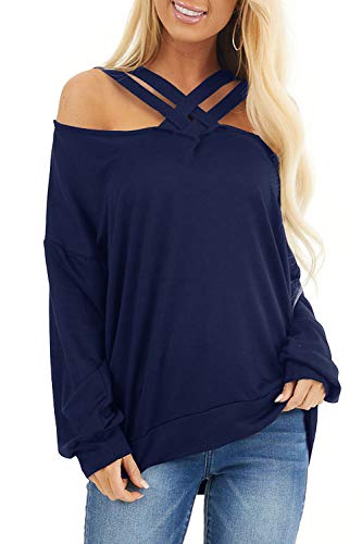 Yanekop Womens Cold Shoulder Sweatshirt Criss Cross Neckline Pullover Slouchy Tops(Navy Blue,L)