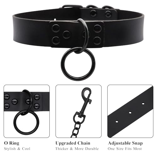 Choker Necklace for Women, Goth Accessories Womens Necklaces, Black Leather Choker Collar with Chain, Charm Necklace Sexy Gothic Clothes, Rave Outfit Halloween Cosplay Costume Jewelry for Women & Men3
