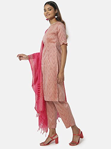 Image of SAAKI by Samantha Ruth Prabhu Beige and Red Printed Kurta Bottom Dupatta Set for Women | Silk Blended Kurta Set | Casual Wear, (Beige and Red Set, Pack of 3)