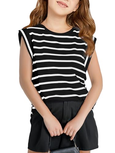 Image of Haloumoning Girls Cap Sleeve T Shirts Summer Striped Tank Tops Tees 4-14 Years