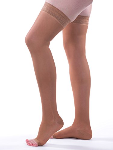 Image of Allegro Women's Sheer Thigh High Compression Stockings 15-20 mmHg Open Toe | Graduated support hose with lace-silicone stay-up band and reciprocated heel for secure hold, soft feel and daily comfort