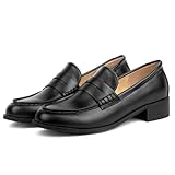 SEIFIN Women's Penny Loafers Comfortable Flat Shoes for Women Low Block Heel Moccasins Loafers Slip On Comfort Dressy Classic Casual Business Office Work Shoes,Black Pu,US8