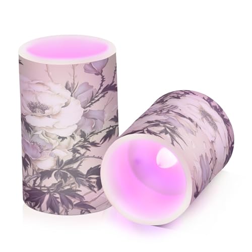 ALAZA Purple White Flowers Flickering Flameless Candles Battery Operated with Remote Timer,Tea Light Candles LED Pillar Votive Candles Set of 2 for Outdoor Indoor Decorations