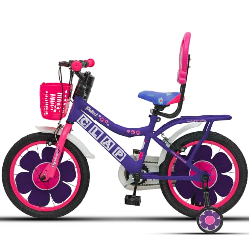 Image of Petal 16T Kids Bicycle with Training Wheels | Backrest, Basket & Full Chain Cover | Ideal for Girls Aged 5-7 Years (Purple-Pink, 16T)