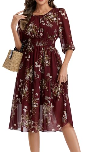 Image of Kormei Women Casual Boho Floral Round Neck 3 /4 Sleeve Smocked Waist Tiered A Line Flowy Swing Midi Dress Long Dresses