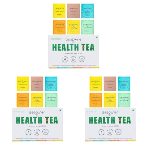 Image of Goodwyn Health Tea Box - 30 Tea Bags (6 Flavours x 5) | Turmeric, Tulsi, Kahwa, Chamomile, Peppermint & Digestive | Low to No Caffeine | Assorted Herbal Green Tea | Plastic-Free Bags (Pack of 3)