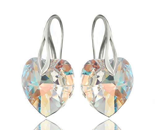 Royal Crystals Sterling Silver 925 Love Heart-Shaped Drop Dangle Earrings made with Blue Aurora Borealis Swarovski Crystals Fine Jewelry