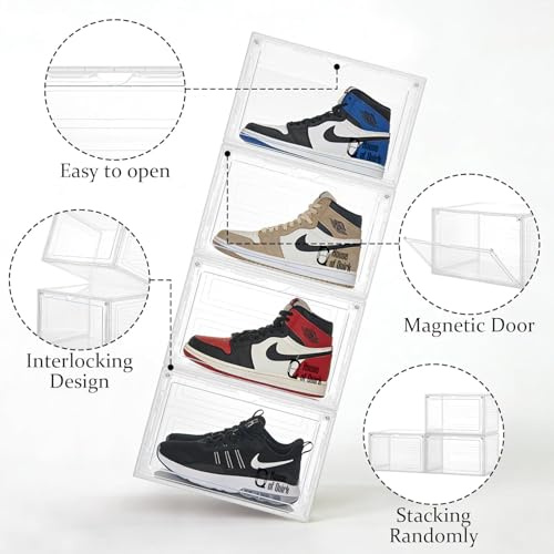 Image of House of Quirk Shoe Organizer, Shoe Storage Boxes, Large Shoe Boxes with Magnetic Door, Clear Stackable Plastic Shoe Containers (Pack of 8, White)