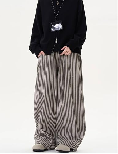 Men's Retro Wide Leg Pants Striped Loose Fit Elastic Waist Comfy Drawstring Casual Streetwear Lounge Trousers2
