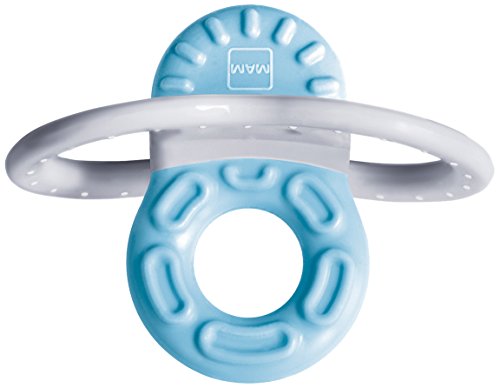 MAM Bite & Relax Phase 1 Mini Beißring, Zahnungshilfe speziell für die Vorderzähne, extra kleiner und leichter Beißring für Babys, ab 2+ Monate, blau