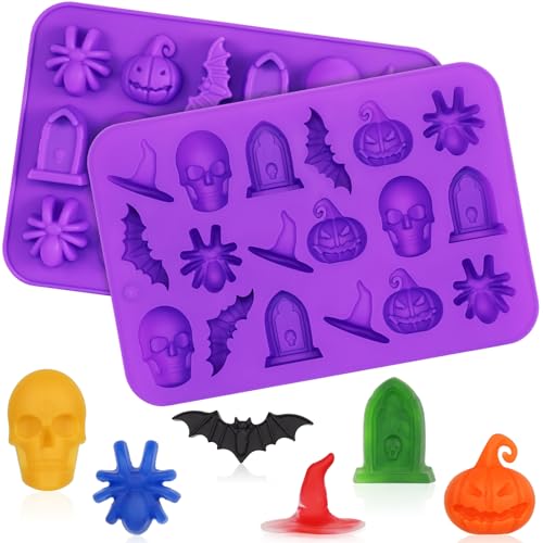 2 Pack Halloween Silicone Molds Halloween Chocolate Molds 3D Spider Skull Pumpkin Bat Mold for DIY Gummies Jello Ice Cube Jelly Chocolate Candy Cakes Decorations (Purple)