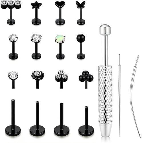 15Pcs 20G/18G/16G Flat Back Push in Stud Earrings 316L Surgical Stainless Threadless nose rings Medusa Piercing Jewelry Hypoallergenic Labret Studs Lip Rings ring for Women Men Be Equipped With Ball Grabber Tool (Black 16G(1.2mm))