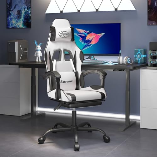 Tidyard Silla Gaming giratoria reposapiés Cuero sintético Blanco Negro,M2